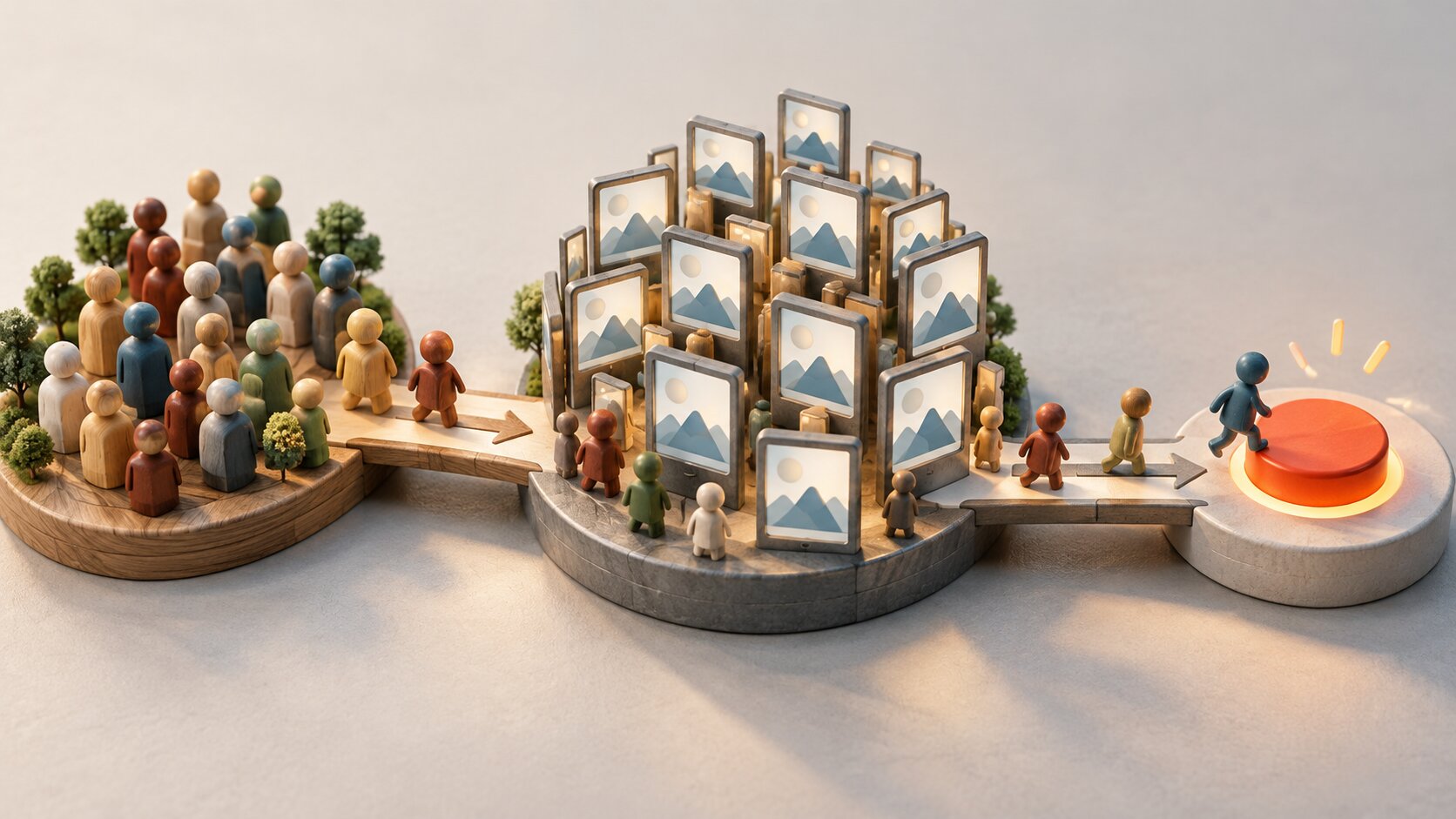 Miniatura en madera donde figuras caminan hacia pantallas con montañas (impresiones) y una figura presiona un botón rojo brillante.