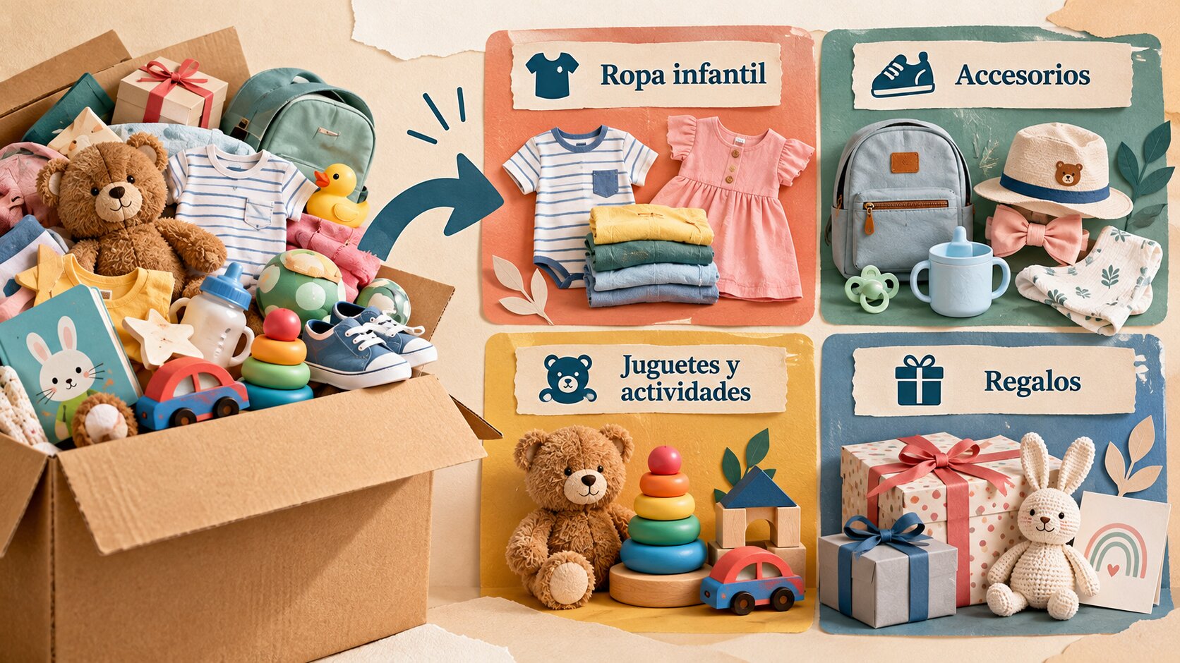 Organización de artículos para familias en cuatro categorías principales de una tienda.