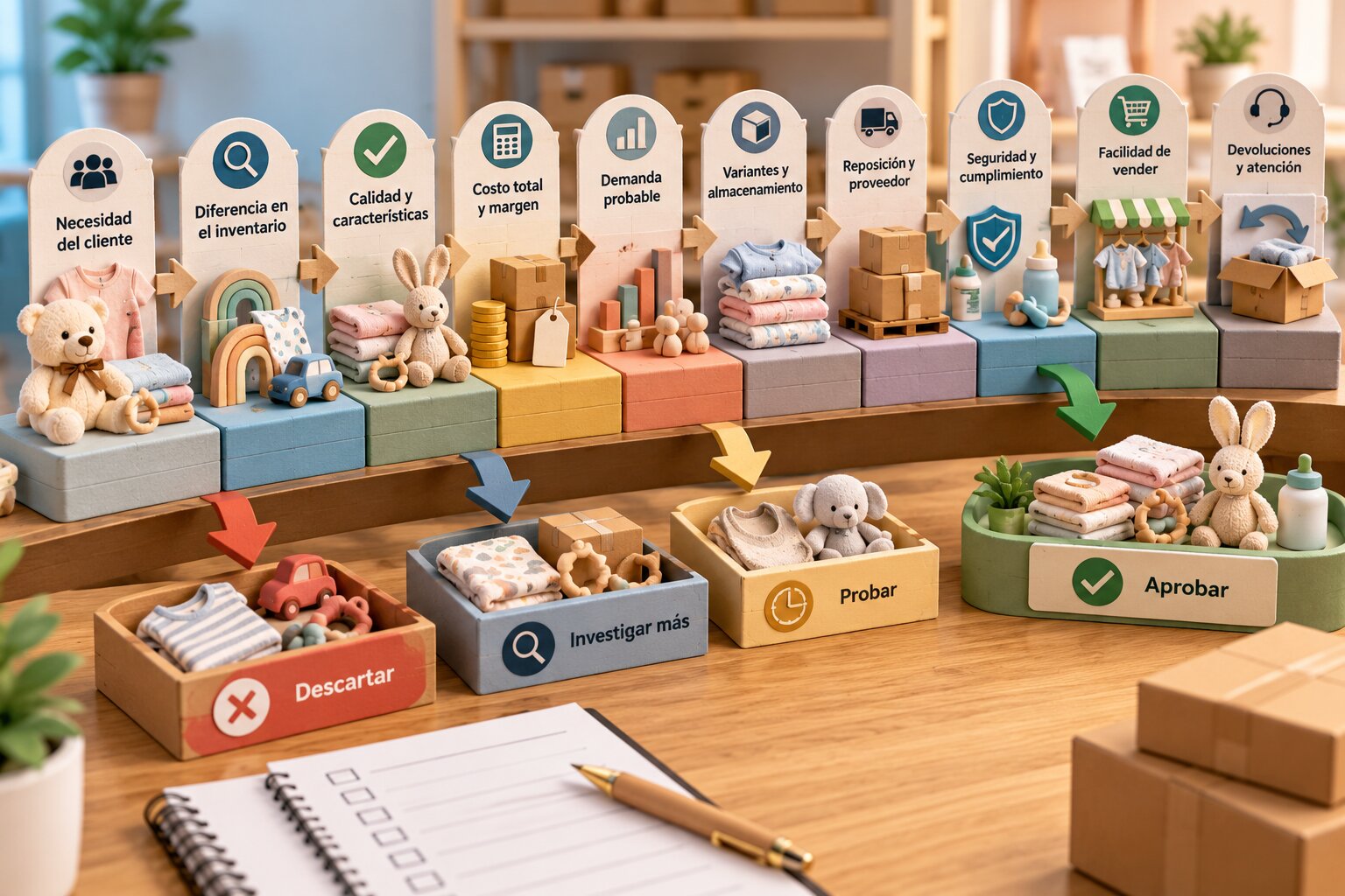 Sistema visual de evaluación y selección de productos infantiles para inventario.
