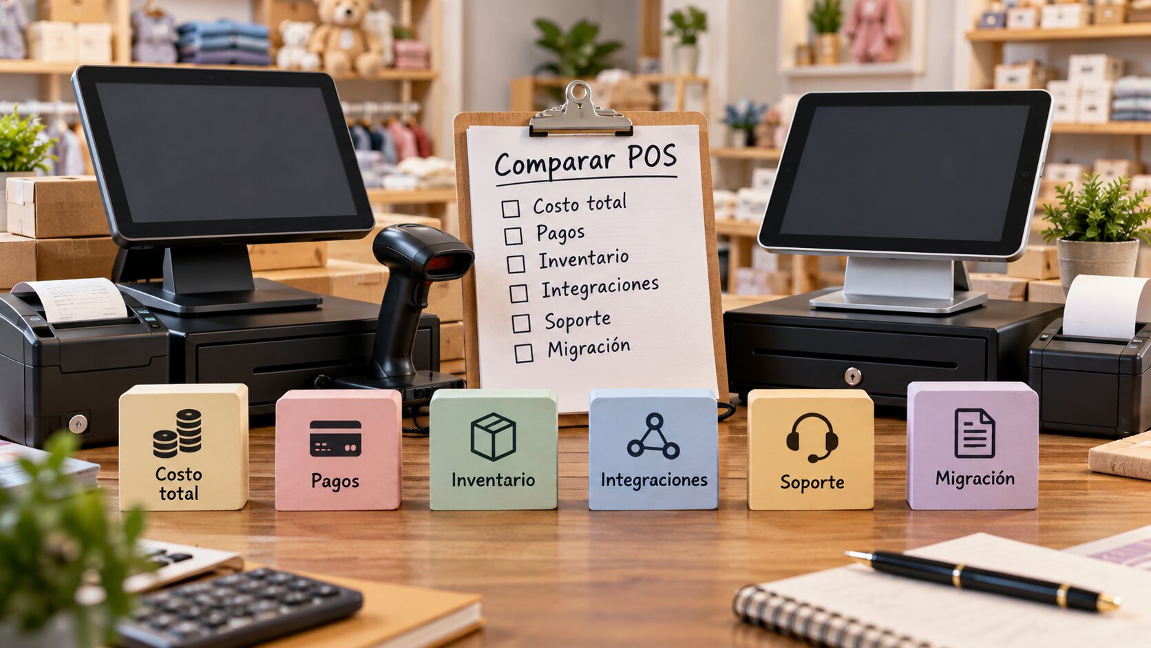 Sistemas POS en madera mostrando criterios clave como integraciones.