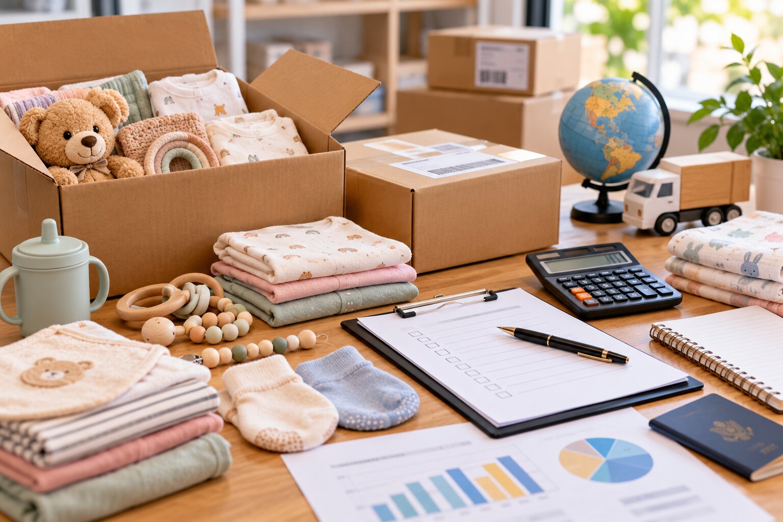 Cajas, muestras y documentos de envío utilizados para evaluar una compra de inventario infantil por internet.