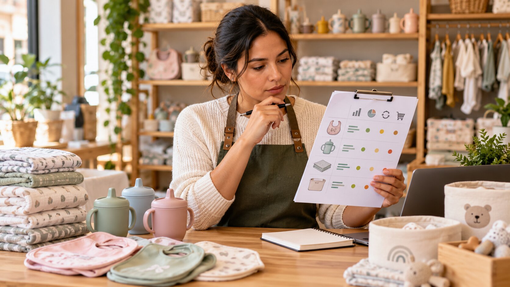 Evaluación de categorías de productos infantiles antes de comprar inventario.