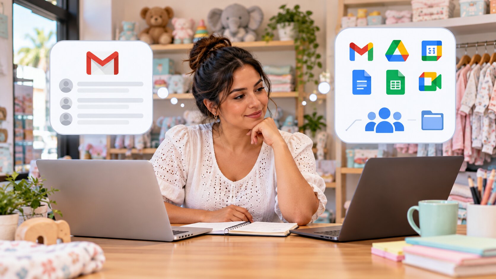 Dueña de tienda infantil compara opciones de correo y organización digital para su negocio.