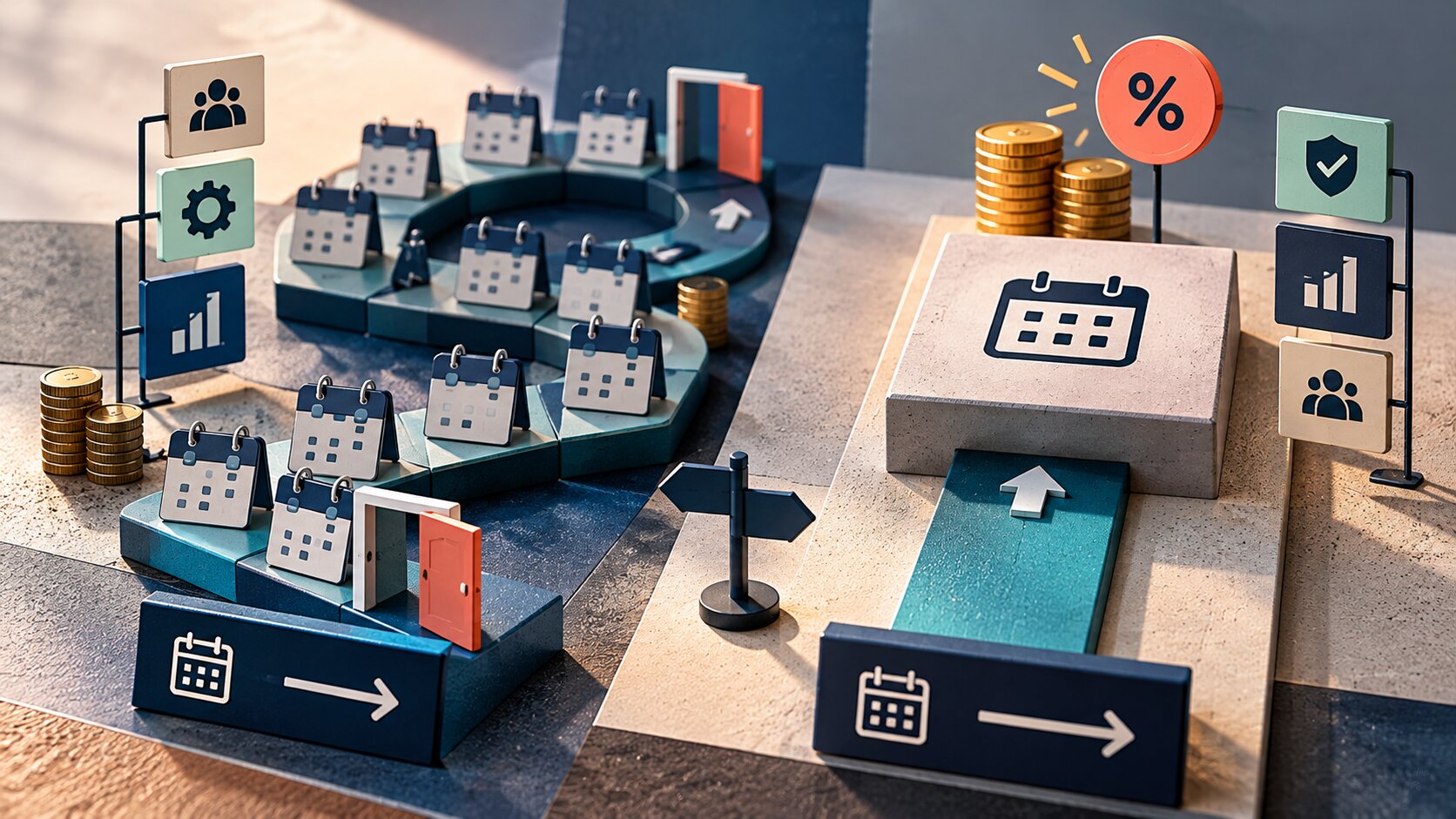 Two paths illustrate billing choices: a winding route with calendar icons for monthly cycles versus an upward ramp to a platform.