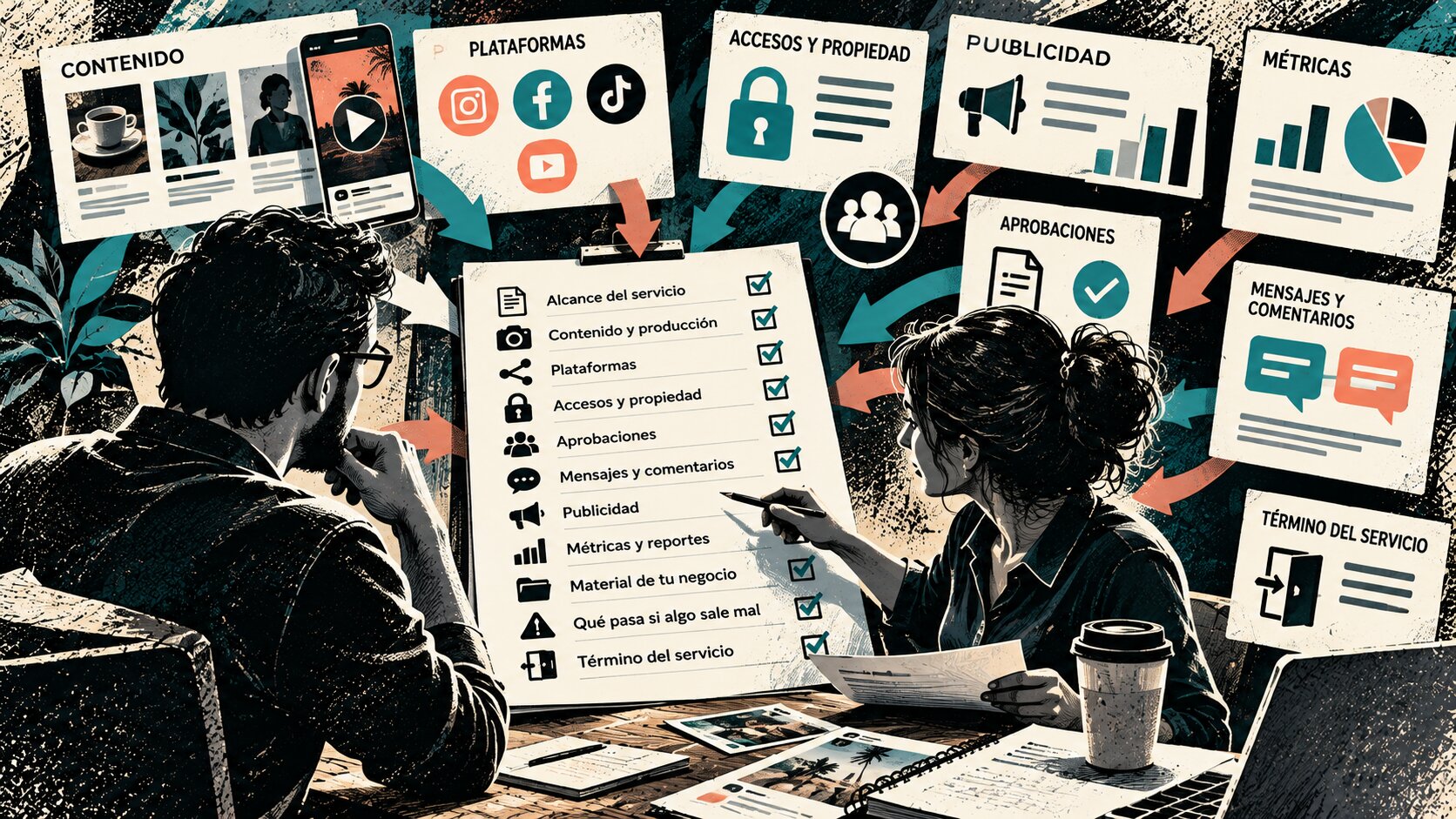 Dos personas revisan una lista de verificación sobre manejo de redes sociales, rodeadas por tarjetas flotantes que muestran contenido.