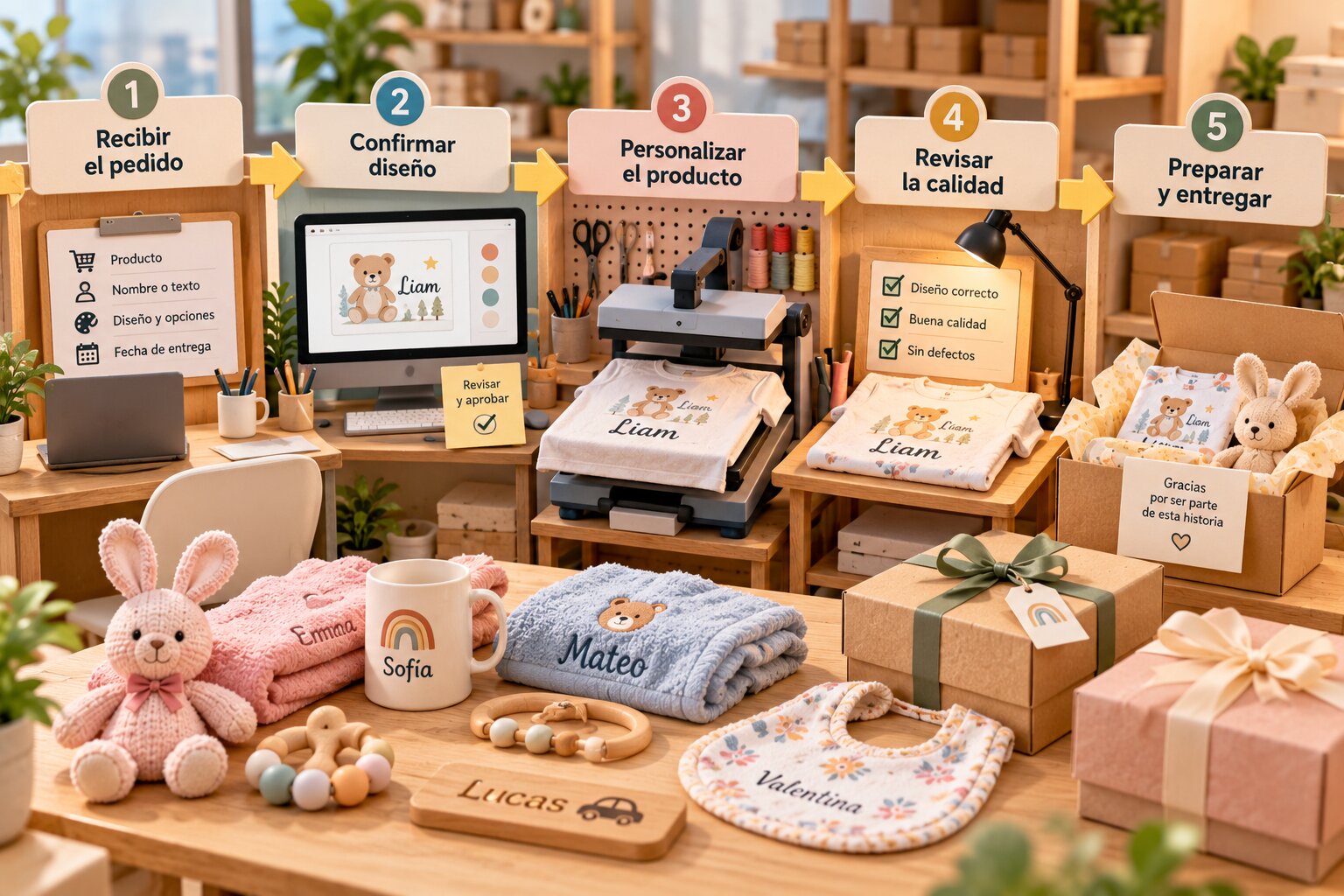 Proceso de elaboración de regalos personalizados, desde la confirmación del pedido hasta su entrega.
