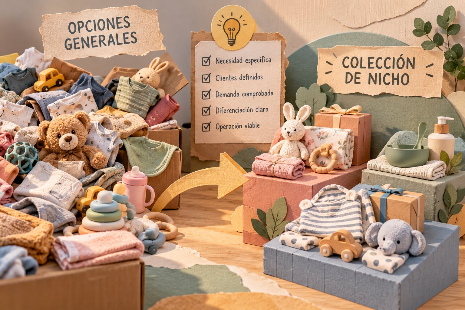Representación de una colección especializada de productos para diferenciar una tienda dirigida a familias.