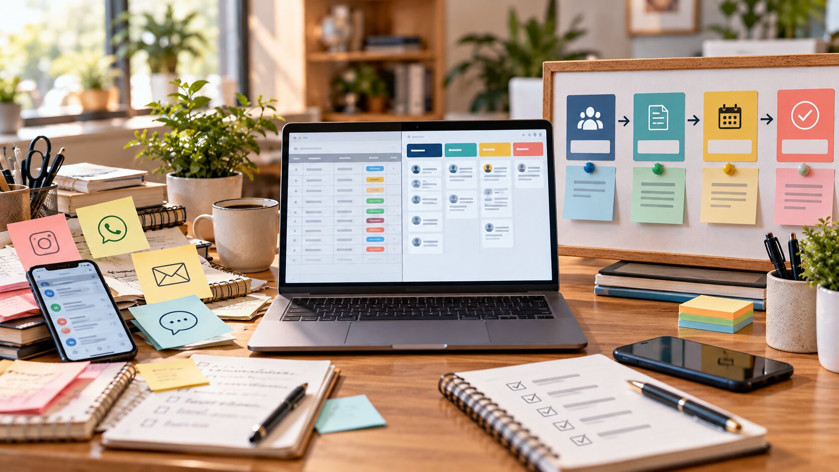 Espacio de trabajo con mensajes y notas dispersas a un lado y un flujo organizado de seguimiento de clientes al otro.