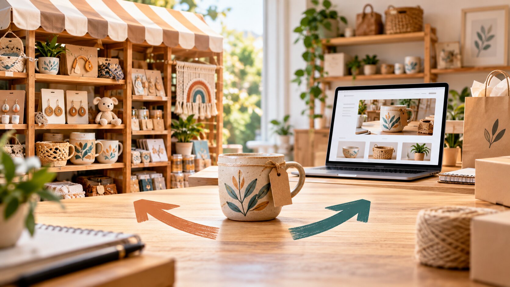 Dos canales de venta para artesanías: un marketplace compartido y una tienda online independiente.