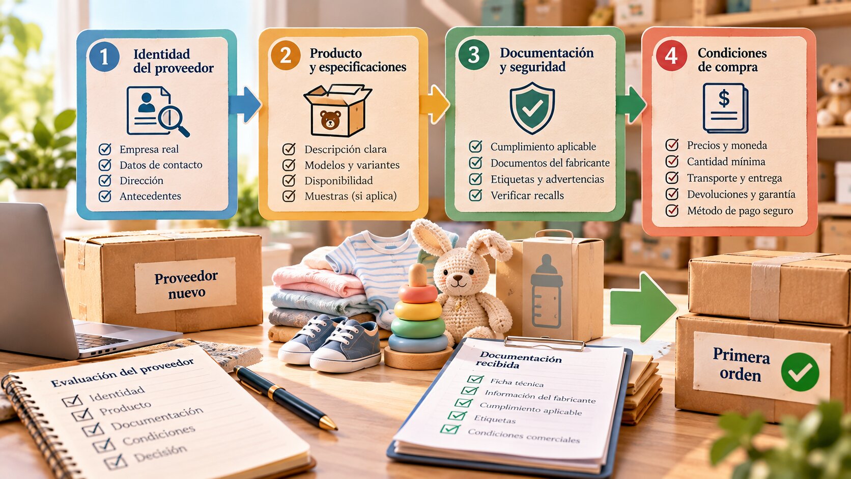 Proceso de verificación de un proveedor de productos infantiles antes de aprobar una primera compra.