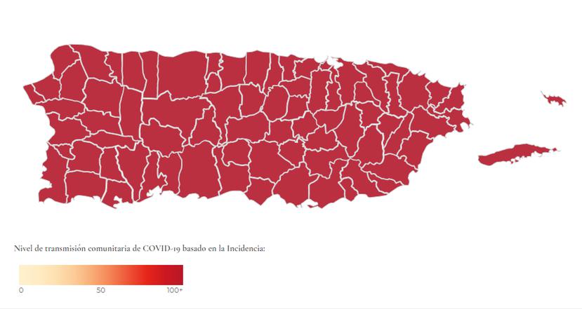 Mapa que muestra el nivel de transmisión comunitaria del COVID-19 en Puerto Rico.